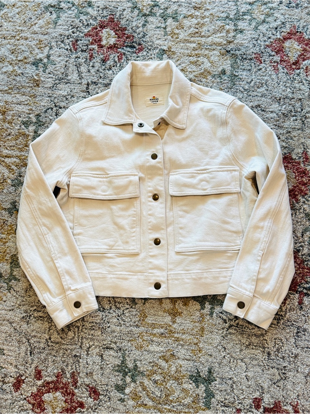Marine Layer Cropped Denim Jacket Ivory Cream Ercu Snap Button Sz Medium Cotton